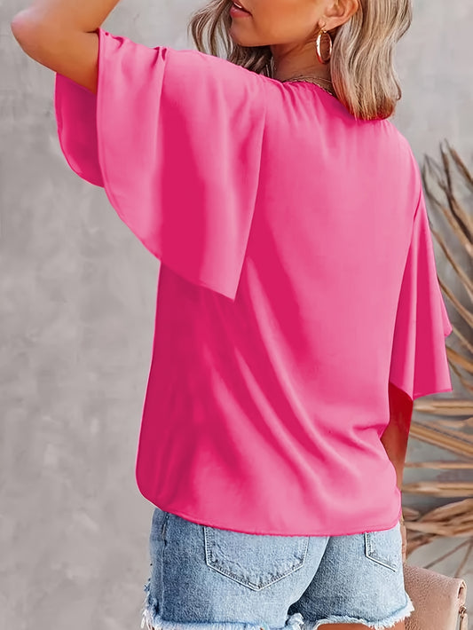 Women'S Elegant Summer V-Neck Short Sleeve Top - Casual Fashion, Solid Color, Split Detail, No Padding, Ideal for Spring\u002FSummer Outfits, Versatile Top | Vneck Shirt | Casual Chic, Cute Blouses