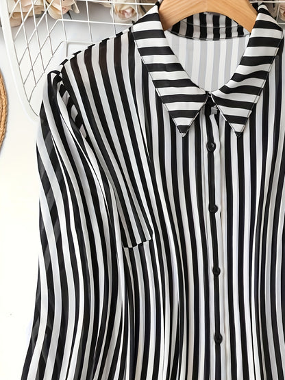 Striped Long Sleeve Dress - Casual Button Front Shirt Dress For Spring & Fall - Women's Clothing - Soft & Comfortable Fabric - Perfect for Casual Occasions - Ideal Gift for Women