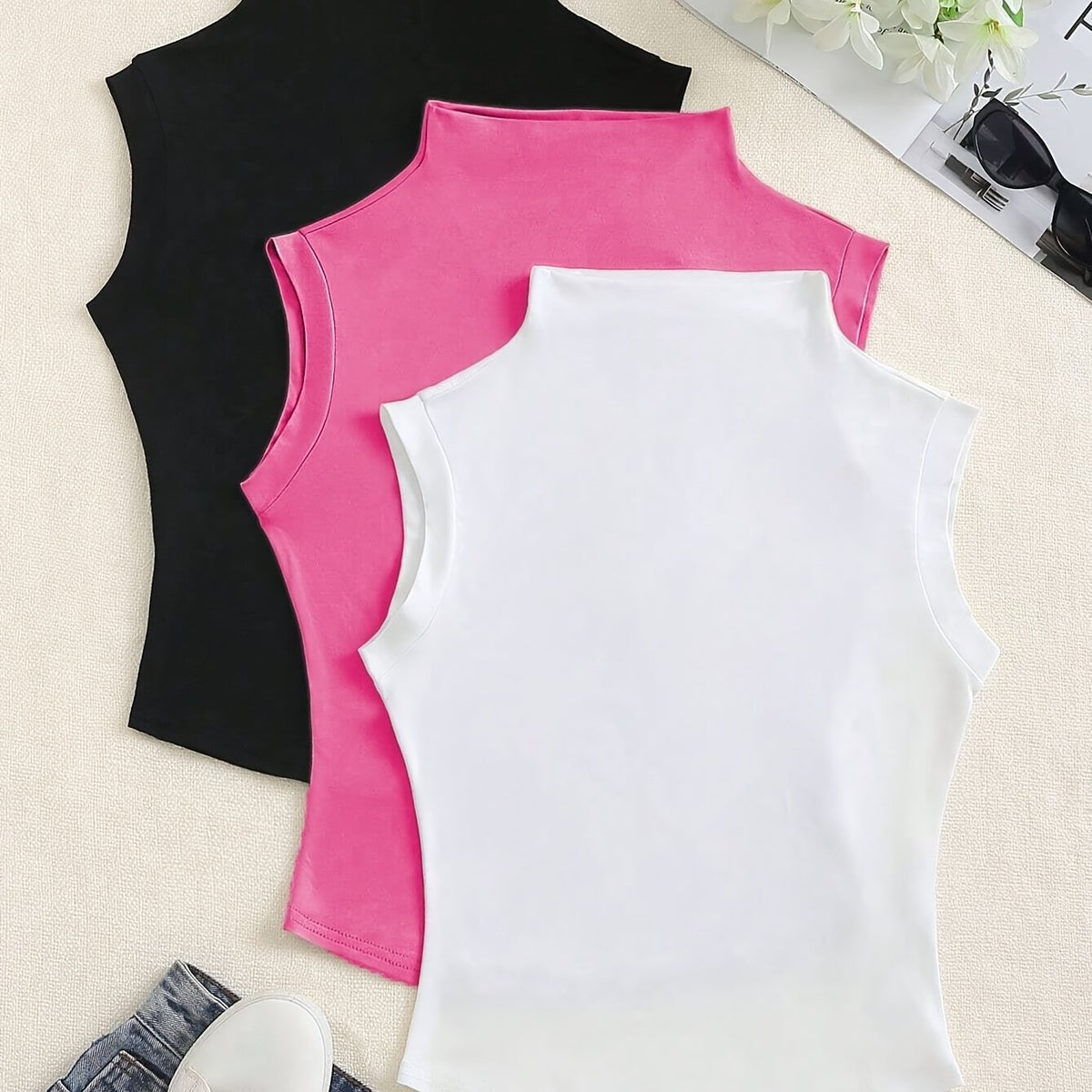 Women'S Three-Piece Set with a High-Neck Sleeveless Top, Perfect for Casual Summer Wear, Featuring a Slim Fit T-Shirt.