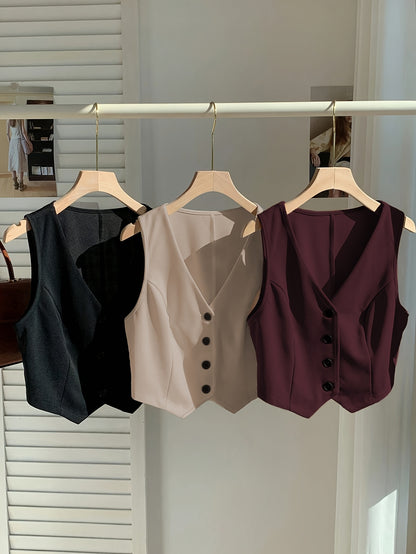 Summer Women'S Elegant Blazer Set with Blazer, Cardigan & Vest - Casual Three-Piece Outfit in Black, White, and Burgundy, Sleeveless, Button Detailing, Spring\u002FSummer Collection