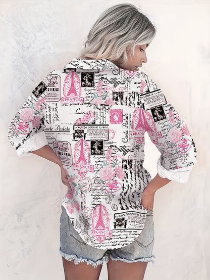 Women'S Casual Long Sleeve Button-Up Shirt with Floral and Letter Print - White with Pink and Black Design, Short Sleeve, Drop Shoulder, Perfect for Spring\u002FSummer, Casual Attire|Floral Print Shirt|Drop Shoulder Design