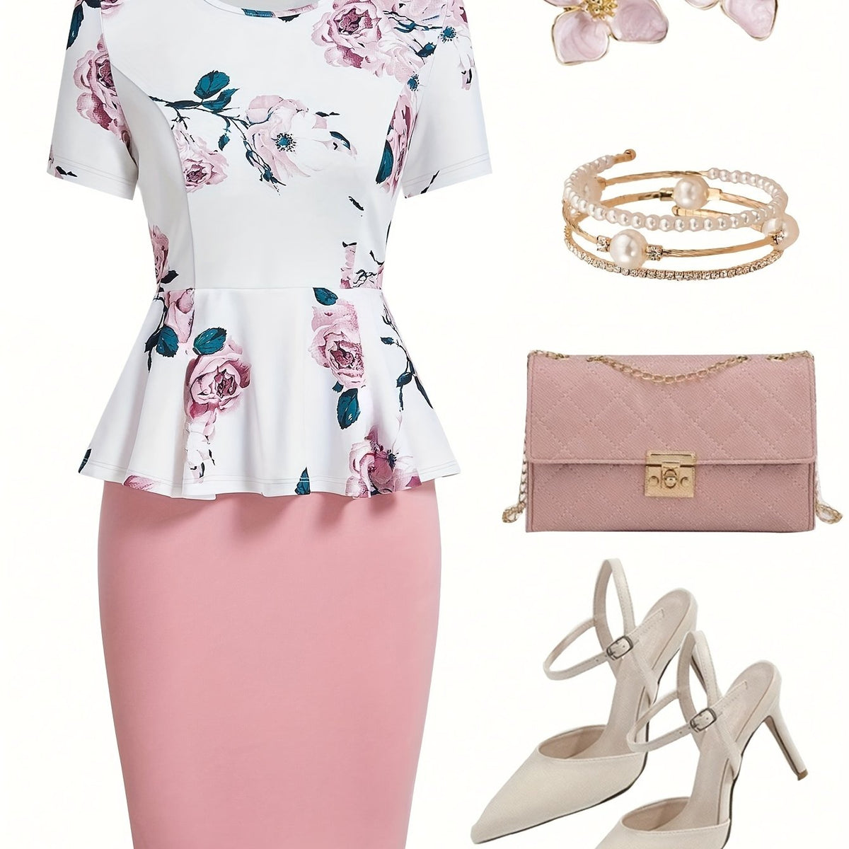 Women's Elegant Floral Print Short Sleeve Dress - A-Line Knee-Length with Keyhole Slit, High Elasticity Machine Washable Summer Dress for Casual & Formal Occasions, Ditsy Floral Print Dress, Formal Wear for Women, Chic Fabric Style