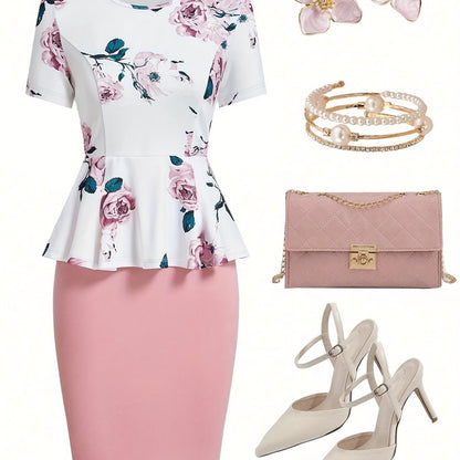 Women's Elegant Floral Print Short Sleeve Dress - A-Line Knee-Length with Keyhole Slit, High Elasticity Machine Washable Summer Dress for Casual & Formal Occasions, Ditsy Floral Print Dress, Formal Wear for Women, Chic Fabric Style
