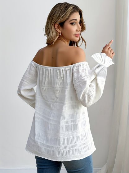 Solid Color Casual Elegant Pleated Off-Shoulder Long Sleeve Shirt Summer Wear