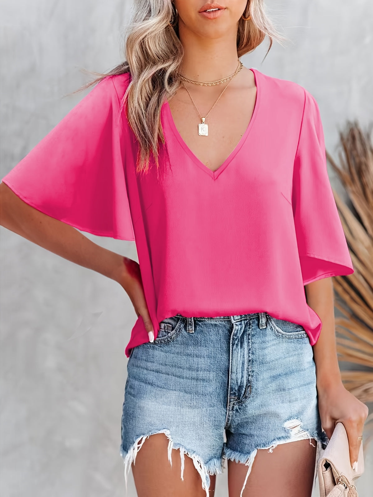 Women'S Elegant Summer V-Neck Short Sleeve Top - Casual Fashion, Solid Color, Split Detail, No Padding, Ideal for Spring\u002FSummer Outfits, Versatile Top | Vneck Shirt | Casual Chic, Cute Blouses