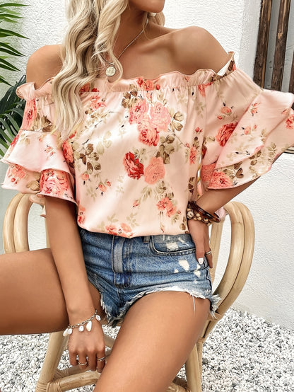 Women'S Floral Off-Shoulder Ruffle Top - Pink with Peach and Green Floral Print, Short Sleeves, Perfect for Spring\u002FSummer, Casual Summer Top|Floral Print Top|Ruffle Detail Top