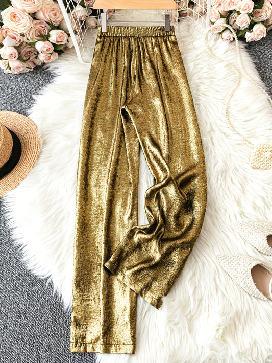 Women's Summer Casual Solid Color Straight Leg Pants - Golden Shimmer Textured Fabric, Elastic Waistband, Machine Washable, Spring\u002FSummer Long Pants for Adults, Spring Casualwear, Durable Casualwear, Shimmering Fabric