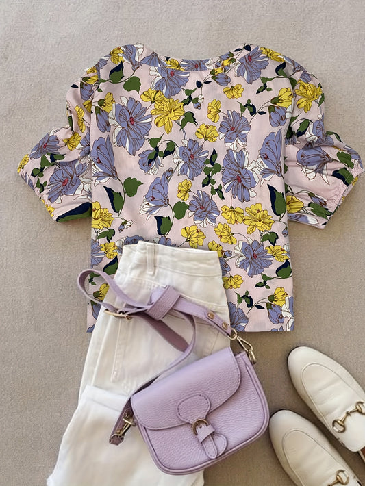 Elegant Floral Print V-Neck Blouse for Women - Short Sleeve, Button-Up Shirt with Vibrant Pink & Blue Flowers, Perfect for Spring\u002FSummer Casual Wear, Spring Fashion | Feminine Blouse | Glossy Finish