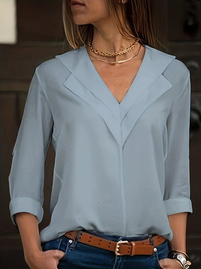 Solid Simple Blouse, Casual V Neck Long Sleeve Versatile Blouse - Women's Clothing -  For Everyday Wear - Perfect for Work, Casual Outings - Gift for Women