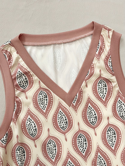 Niannian Women's Casual Geometric Print V-Neck Sleeveless Tank Top - High Elasticity Summer Vacation Shirt, Breathable H-Silhouette Machine Washable Top for Spring\u002FSummer Outfits, Ladies Tank Tops, Vacation Clothing, Highelasticity Fabric