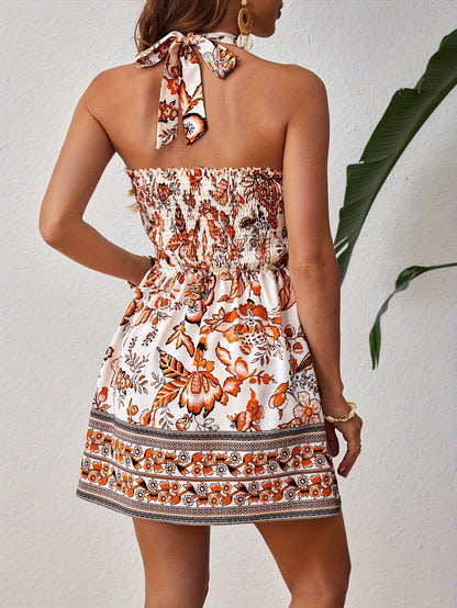 Floral Print Halter Dress - Elegant Cut Out Backless Lace Up Dress For Spring & Summer - Women's Clothing - For Women - Perfect for Parties & Casual Occasions - Ideal Gift for Her