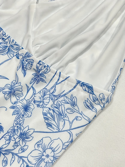 Elegant Blue Floral Print V-Neck Dress with Tie-Back Detail - Sleeveless, Knee-Length, Perfect for Spring\u002FSummer, Romantic Holiday Style, Floral Dress