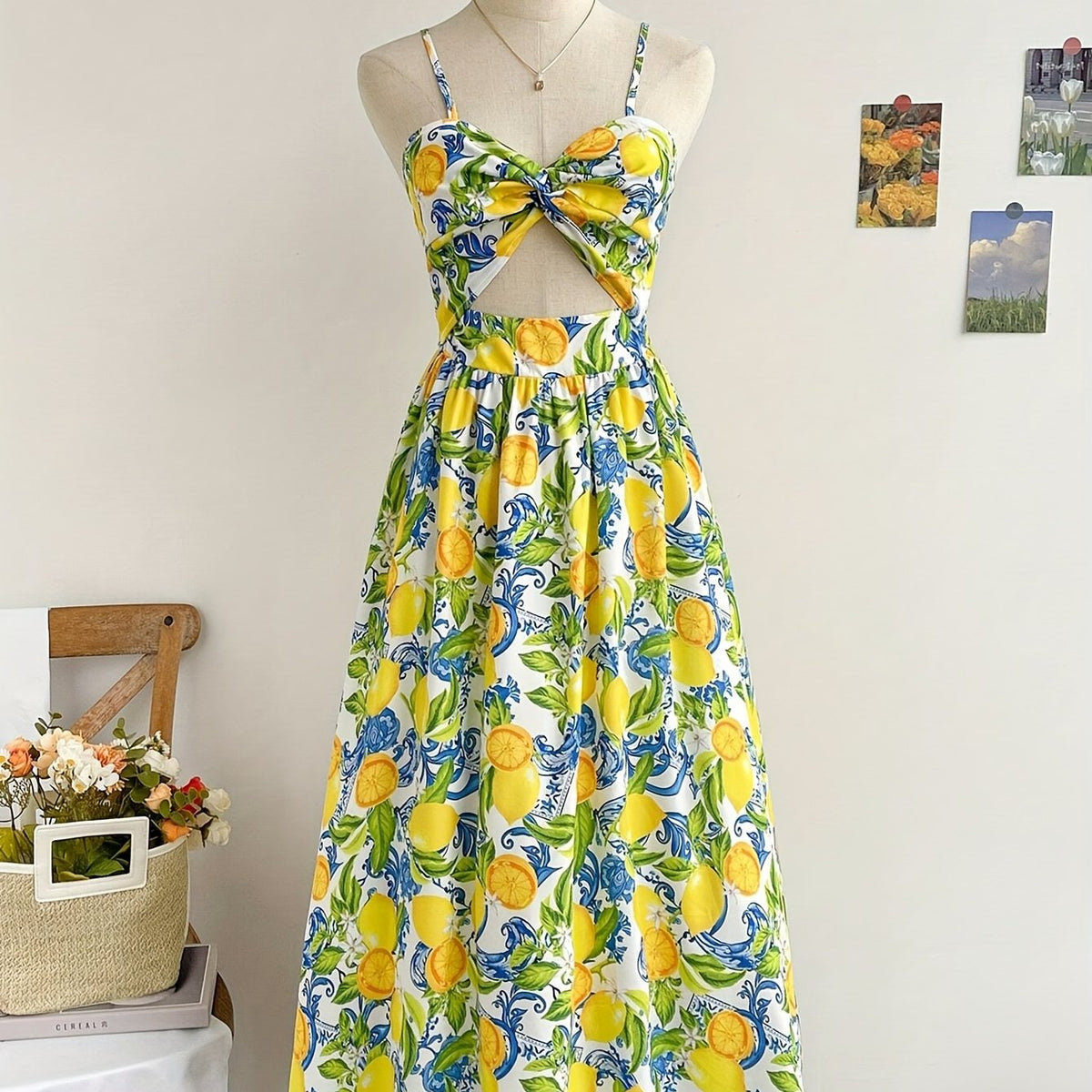 French Elegant Women's Vacation Print Twist Dress Long Summer Dress