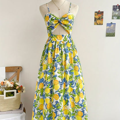 French Elegant Women's Vacation Print Twist Dress Long Summer Dress