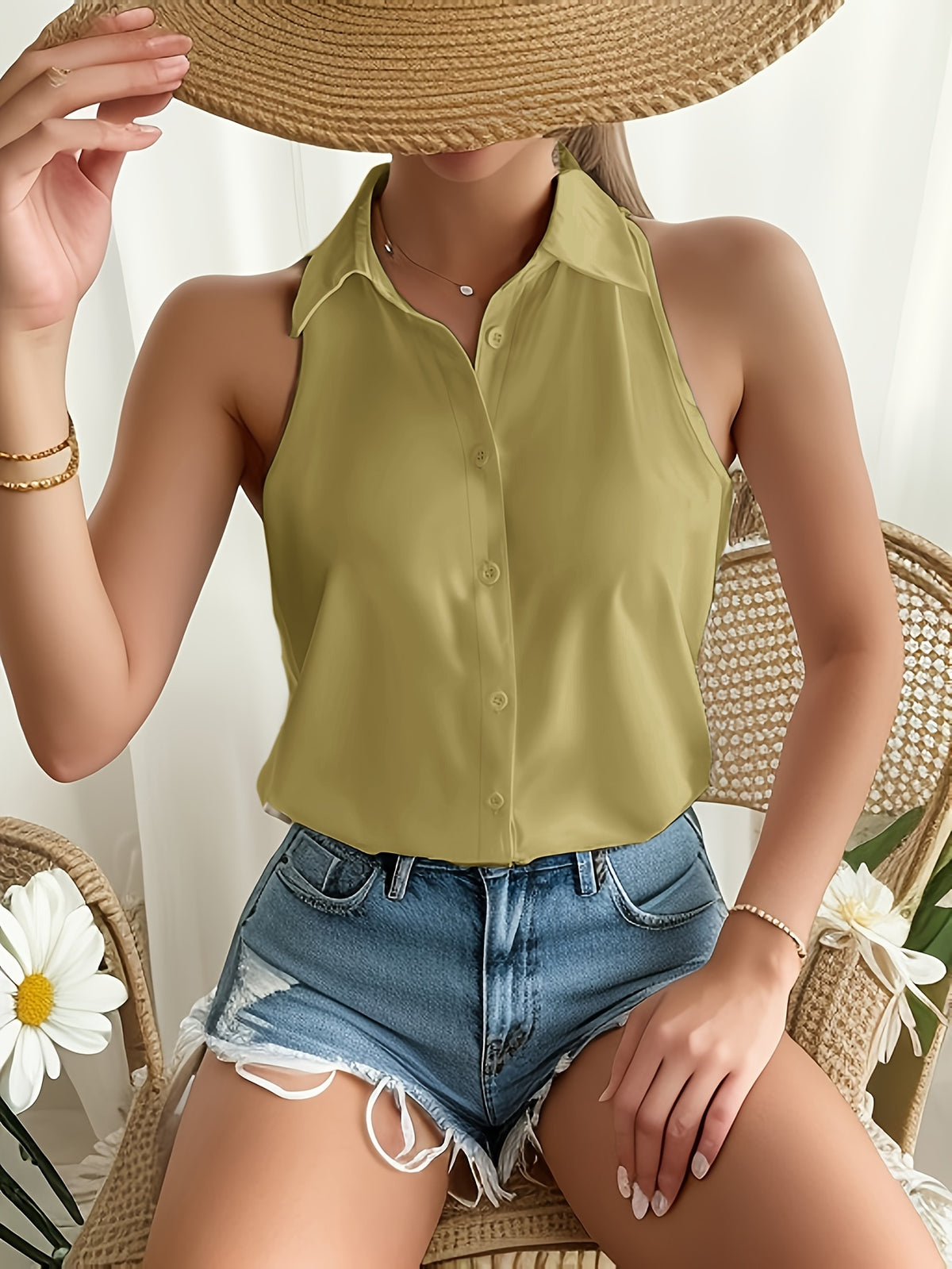 Women'S Light Blue Sleeveless Button-Up Shirt - Casual Summer Top with Ruffled Hem, Non-Stretch Fabric, Perfect for Weekend Outings, Casual Summer Wear | Ruffled Hem Shirt | Nonstretch Fabric