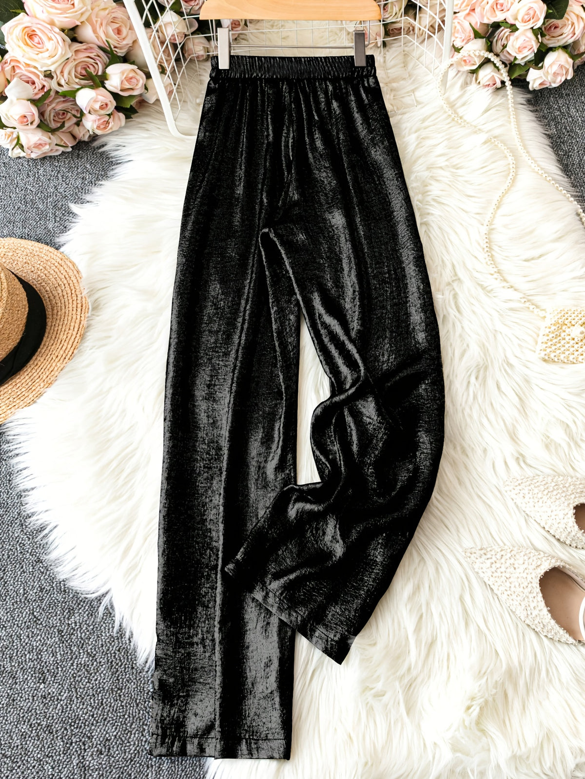 Women's Summer Casual Solid Color Straight Leg Pants - Golden Shimmer Textured Fabric, Elastic Waistband, Machine Washable, Spring\u002FSummer Long Pants for Adults, Spring Casualwear, Durable Casualwear, Shimmering Fabric