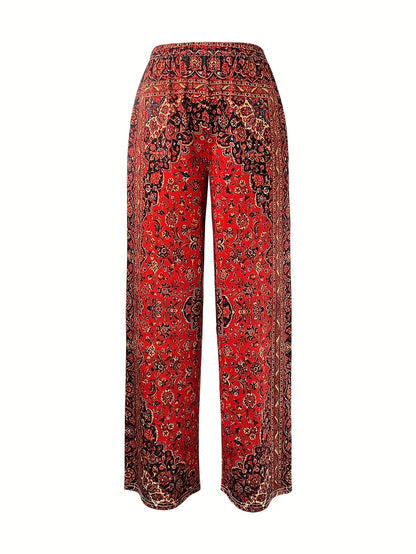 Women's Retro Bohemian Ethnic Print Wide-Leg Pants with Pockets - Vibrant Floral Digital Print, Loose Fit Machine Washable Spring Summer Casual Trousers, Floral Print Pants, Summer Trousers, Comfortable Wear, Durable Fabric