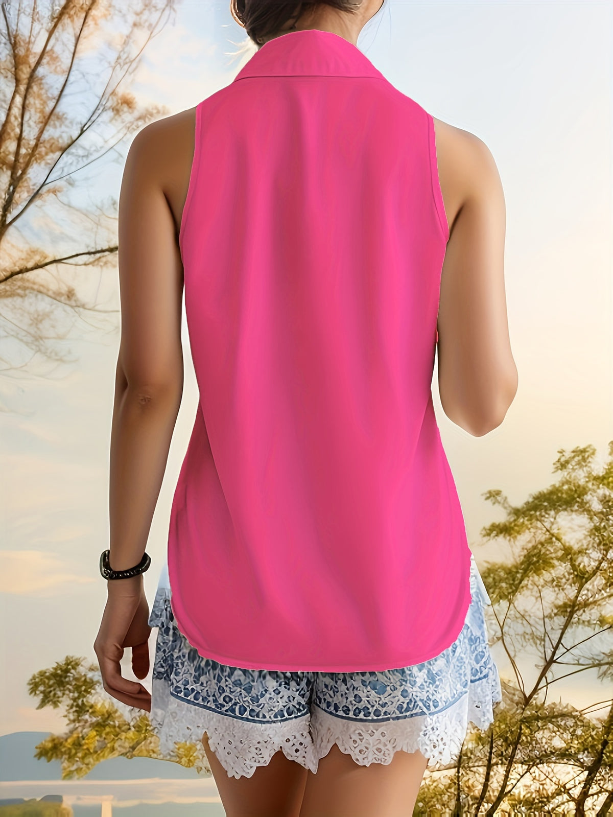 Women'S Light Blue Sleeveless Button-Up Shirt - Casual Summer Top with Ruffled Hem, Non-Stretch Fabric, Perfect for Weekend Outings, Casual Summer Wear | Ruffled Hem Shirt | Nonstretch Fabric