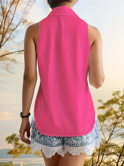 Women'S Light Blue Sleeveless Button-Up Shirt - Casual Summer Top with Ruffled Hem, Non-Stretch Fabric, Perfect for Weekend Outings, Casual Summer Wear | Ruffled Hem Shirt | Nonstretch Fabric