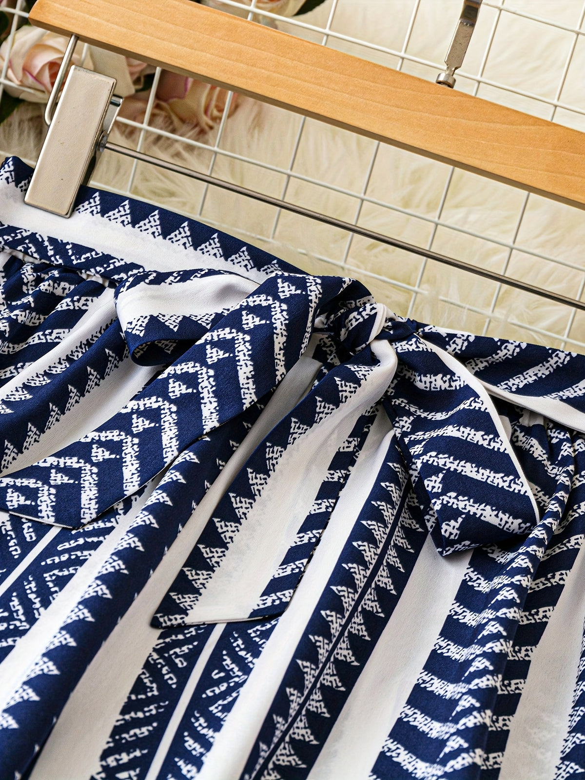 Women's Navy Blue & White Geometric Pattern Wide-Leg Pants with Tie Waist - Loose Fit for Summer Beach Vacations, Handwash or Dry Clean, Beach Clothes, Vacation Clothing, Nonelastic Fabric