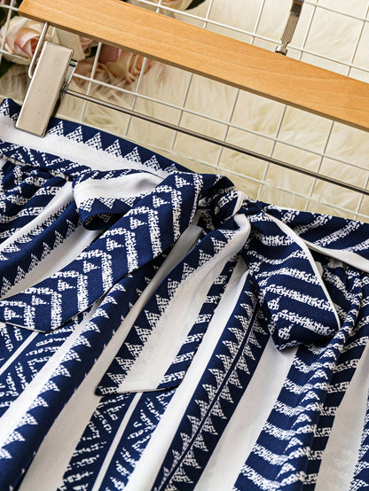 Women's Navy Blue & White Geometric Pattern Wide-Leg Pants with Tie Waist - Loose Fit for Summer Beach Vacations, Handwash or Dry Clean, Beach Clothes, Vacation Clothing, Nonelastic Fabric