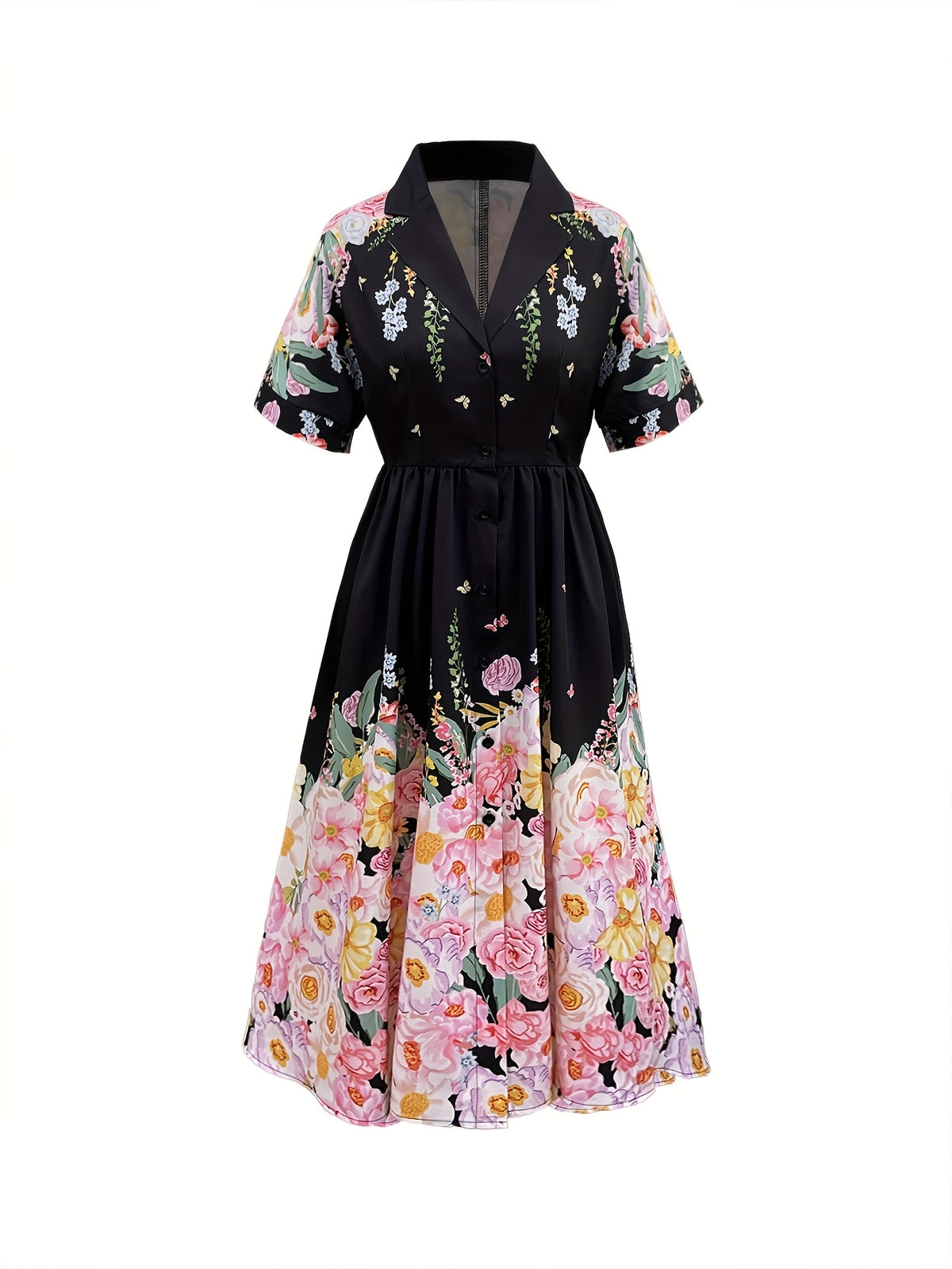 Elegant Floral Print A-Line Dress for Women - Short Sleeve, V-Neck, High-Low Hem, Lightweight Polyester, Perfect for Spring\u002FSummer Vacations, Casual to Formal Wear, Casual Summer Wear | Floral Print Dress | Polyester Fabric