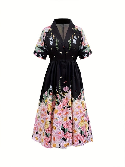 Elegant Floral Print A-Line Dress for Women - Short Sleeve, V-Neck, High-Low Hem, Lightweight Polyester, Perfect for Spring\u002FSummer Vacations, Casual to Formal Wear, Casual Summer Wear | Floral Print Dress | Polyester Fabric