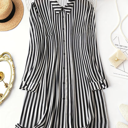 Striped Long Sleeve Dress - Casual Button Front Shirt Dress For Spring & Fall - Women's Clothing - Soft & Comfortable Fabric - Perfect for Casual Occasions - Ideal Gift for Women