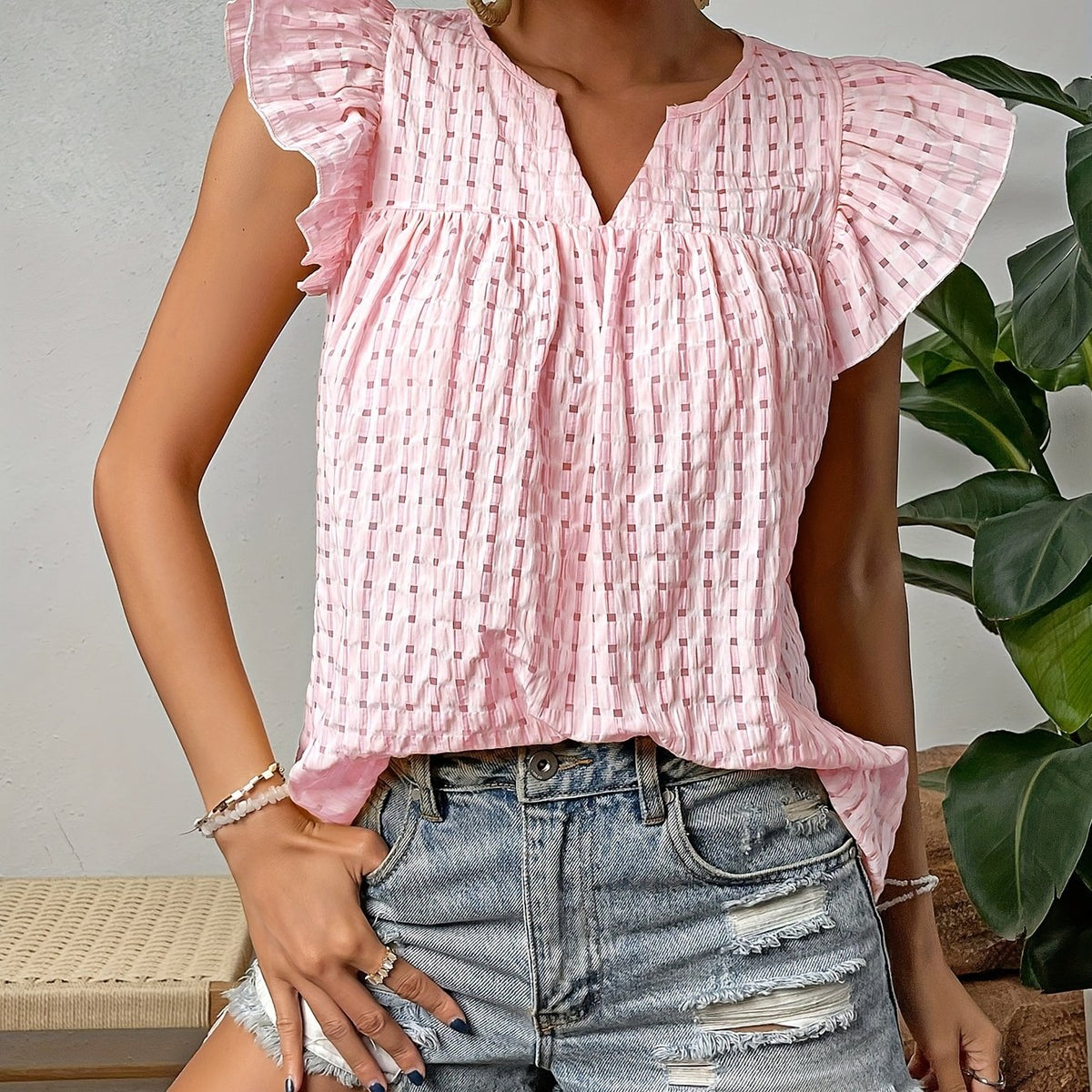 Elegant French-Inspired V-Neck Blouse with Ruched Detail - Sleeveless, Button-Up Top for Women, Light Pink, Perfect for Spring\u002FSummer Casual Wear, Casual Summer Wear | Ruched Texture Top | Buttonup Top, Ladies Blouses