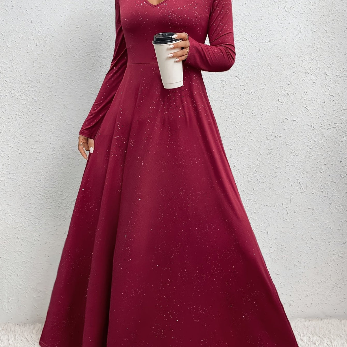 Elegant Maroon V-Neck Long Sleeve Maxi Dress for Women - Stretchy Polyester & Spandex Blend, High Elasticity, A-Line Silhouette, Machine Washable, All-Season Wear