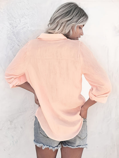 Women'S Casual Long Sleeve Button-Up Shirt - Summer Lightweight Solid Color, Classic Collar, Versatile for Casual Attire, Versatile Blouse | Classic Collar Style | Nontransparent Fabric