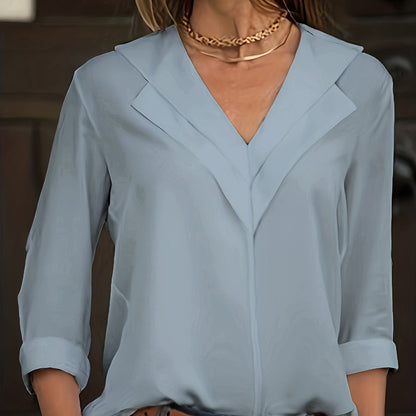 Solid Simple Blouse, Casual V Neck Long Sleeve Versatile Blouse - Women's Clothing -  For Everyday Wear - Perfect for Work, Casual Outings - Gift for Women