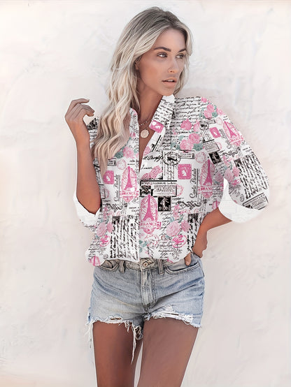 Women'S Casual Long Sleeve Button-Up Shirt with Floral and Letter Print - White with Pink and Black Design, Short Sleeve, Drop Shoulder, Perfect for Spring\u002FSummer, Casual Attire|Floral Print Shirt|Drop Shoulder Design