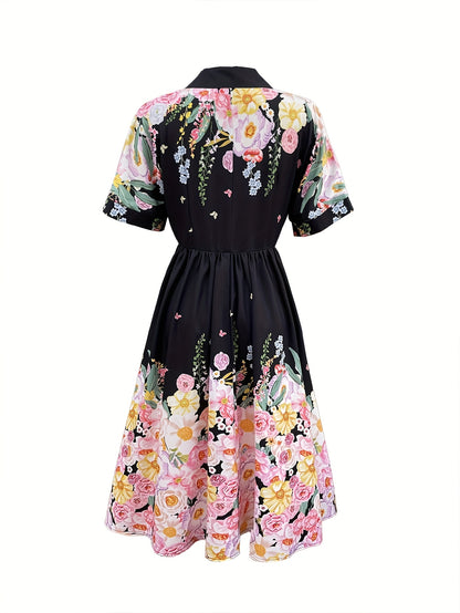 Elegant Floral Print A-Line Dress for Women - Short Sleeve, V-Neck, High-Low Hem, Lightweight Polyester, Perfect for Spring\u002FSummer Vacations, Casual to Formal Wear, Casual Summer Wear | Floral Print Dress | Polyester Fabric