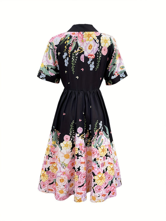 Elegant Floral Print A-Line Dress for Women - Short Sleeve, V-Neck, High-Low Hem, Lightweight Polyester, Perfect for Spring\u002FSummer Vacations, Casual to Formal Wear, Casual Summer Wear | Floral Print Dress | Polyester Fabric