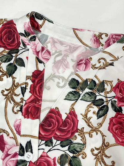 Women'S Elegant Floral Print V-Neck Blouse - Short Sleeves, Ruffle Detail, Perfect for Spring\u002FSummer, Casual Attire, Casual Summer Blouse | Floral Print Top | Ruffle Detail Top