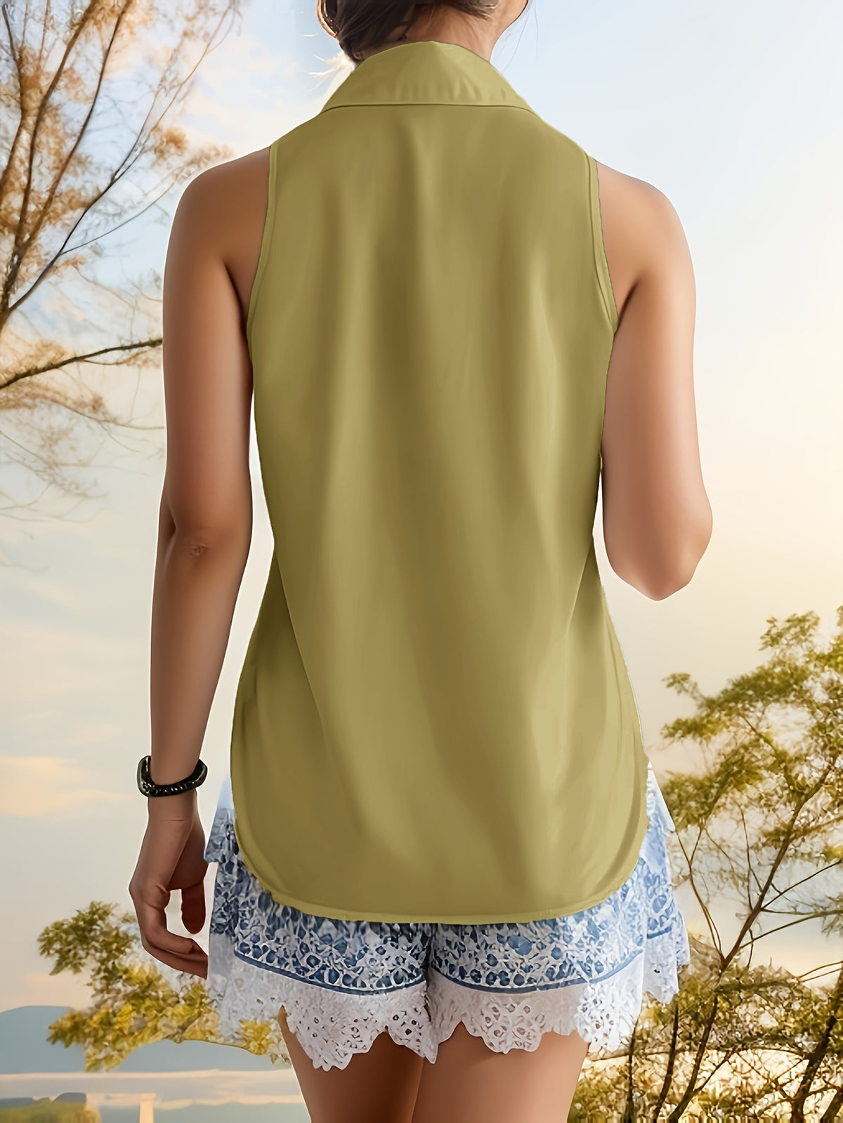 Women'S Light Blue Sleeveless Button-Up Shirt - Casual Summer Top with Ruffled Hem, Non-Stretch Fabric, Perfect for Weekend Outings, Casual Summer Wear | Ruffled Hem Shirt | Nonstretch Fabric