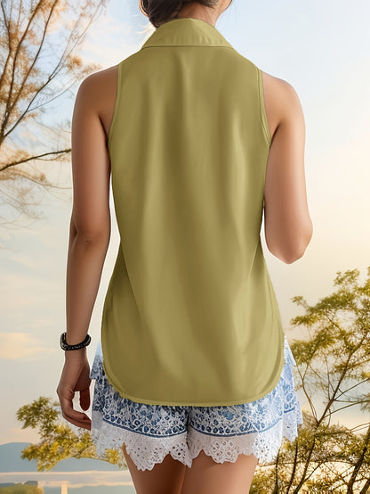 Women'S Light Blue Sleeveless Button-Up Shirt - Casual Summer Top with Ruffled Hem, Non-Stretch Fabric, Perfect for Weekend Outings, Casual Summer Wear | Ruffled Hem Shirt | Nonstretch Fabric