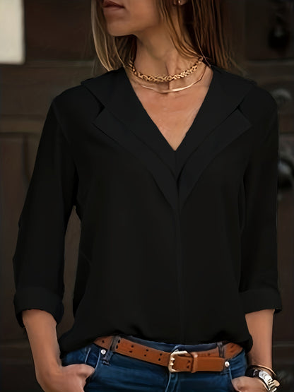 Solid Simple Blouse, Casual V Neck Long Sleeve Versatile Blouse - Women's Clothing -  For Everyday Wear - Perfect for Work, Casual Outings - Gift for Women