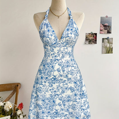 Elegant Blue Floral Print V-Neck Dress with Tie-Back Detail - Sleeveless, Knee-Length, Perfect for Spring\u002FSummer, Romantic Holiday Style, Floral Dress