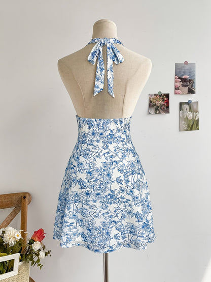 Elegant Blue Floral Print V-Neck Dress with Tie-Back Detail - Sleeveless, Knee-Length, Perfect for Spring\u002FSummer, Romantic Holiday Style, Floral Dress