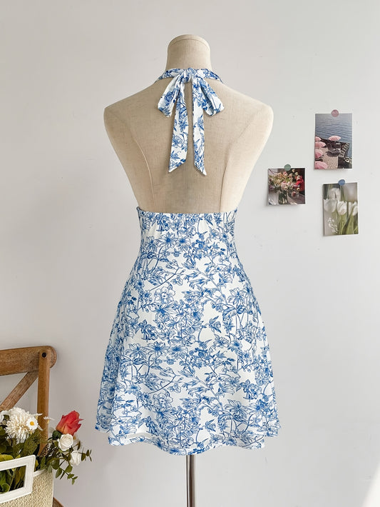 Elegant Blue Floral Print V-Neck Dress with Tie-Back Detail - Sleeveless, Knee-Length, Perfect for Spring\u002FSummer, Romantic Holiday Style, Floral Dress