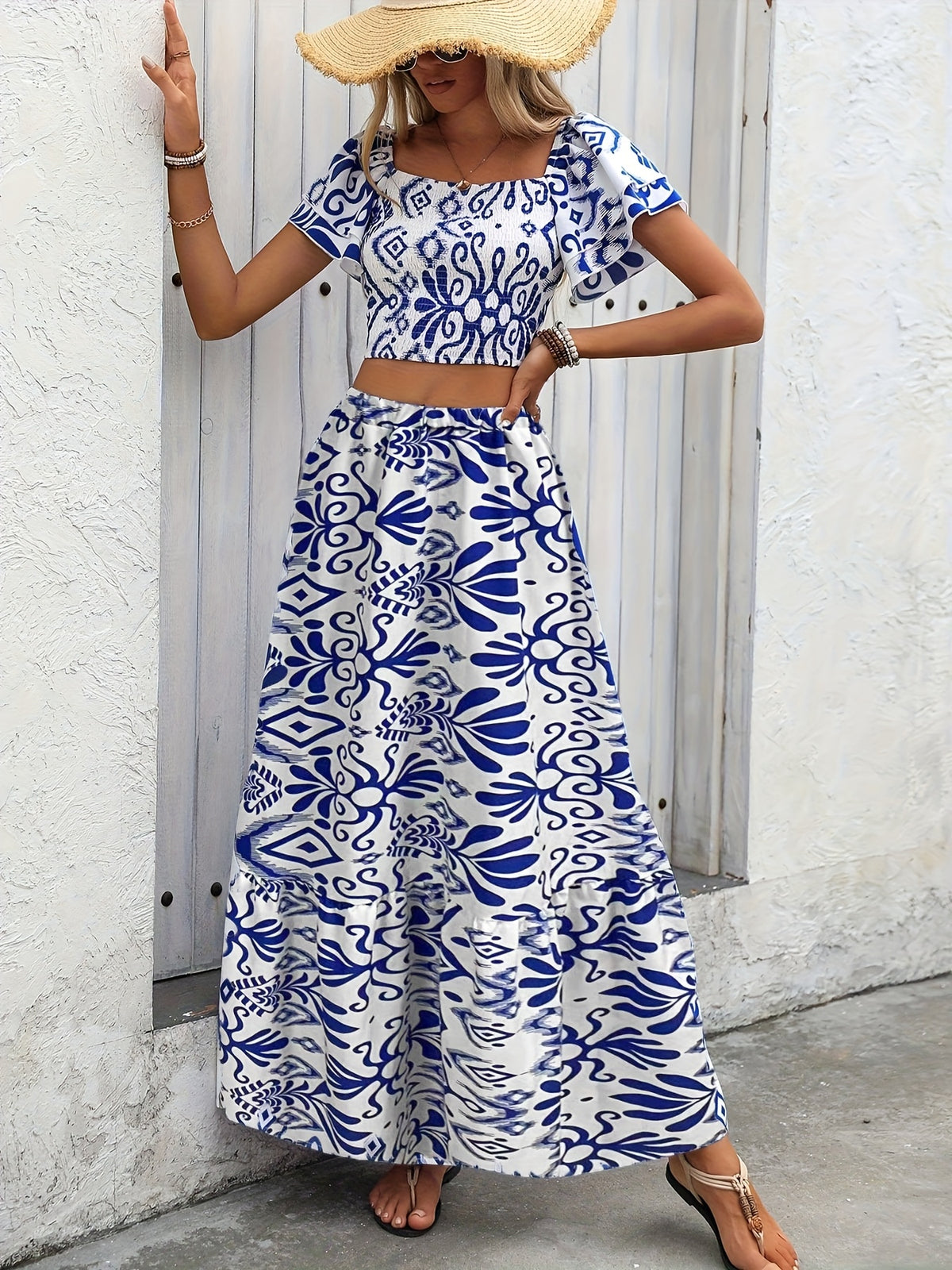Women'S Elegant Blue & White Floral Print Wrap Dress - Square Neck, Short Sleeve, High-Low Hem, Lightweight Polyester, Perfect for Summer Vacations and Casual Outings, Beach Dresses