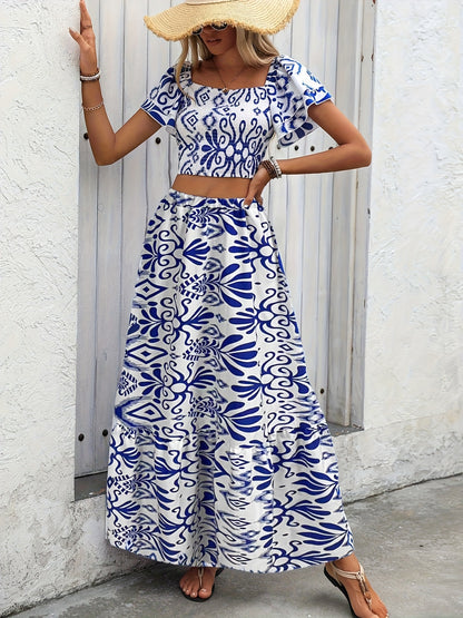 Women'S Elegant Blue & White Floral Print Wrap Dress - Square Neck, Short Sleeve, High-Low Hem, Lightweight Polyester, Perfect for Summer Vacations and Casual Outings, Beach Dresses