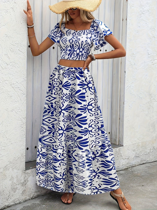 Women'S Elegant Blue & White Floral Print Wrap Dress - Square Neck, Short Sleeve, High-Low Hem, Lightweight Polyester, Perfect for Summer Vacations and Casual Outings, Beach Dresses