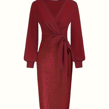 Elegant Black Sequin Bodycon Dress with Deep V-Neck and Long Sleeves - Perfect for Formal Events and Parties, Party Dress | Sequin Embellished Dress | Sleek Fit Dress