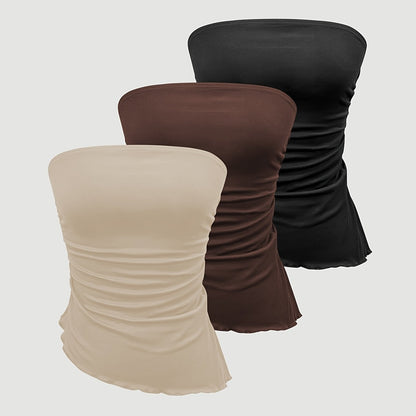 Three-piece Set of Multi-color High Elastic Shoulderless Pleated Tops