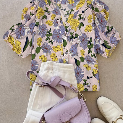 Elegant Floral Print V-Neck Blouse for Women - Short Sleeve, Button-Up Shirt with Vibrant Pink & Blue Flowers, Perfect for Spring\u002FSummer Casual Wear, Spring Fashion | Feminine Blouse | Glossy Finish