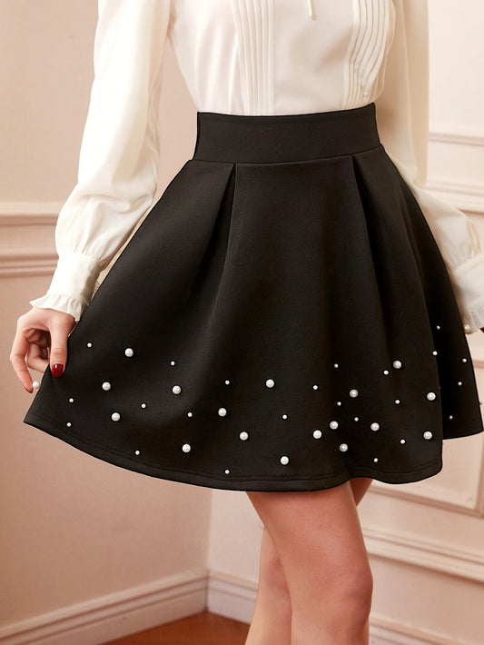 Elegant High-Waist Pearl-Embellished Skirt for Women - Vintage Style Umbrella Skirt with Decorative Studs, Black A-Line Design for Parties and Events, Summer Skirt|Elegant Skirt Design|Decorative Skits, Skirt