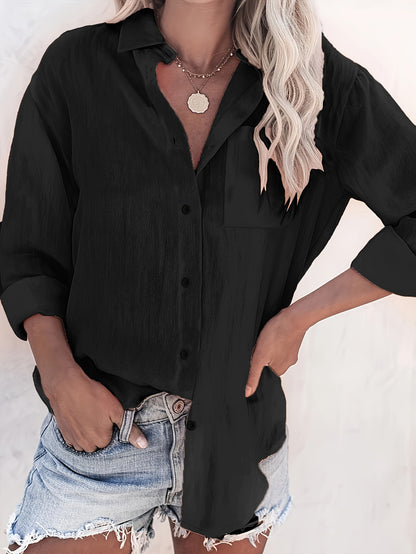 Women'S Casual Long Sleeve Button-Up Shirt - Summer Lightweight Solid Color, Classic Collar, Versatile for Casual Attire, Versatile Blouse | Classic Collar Style | Nontransparent Fabric